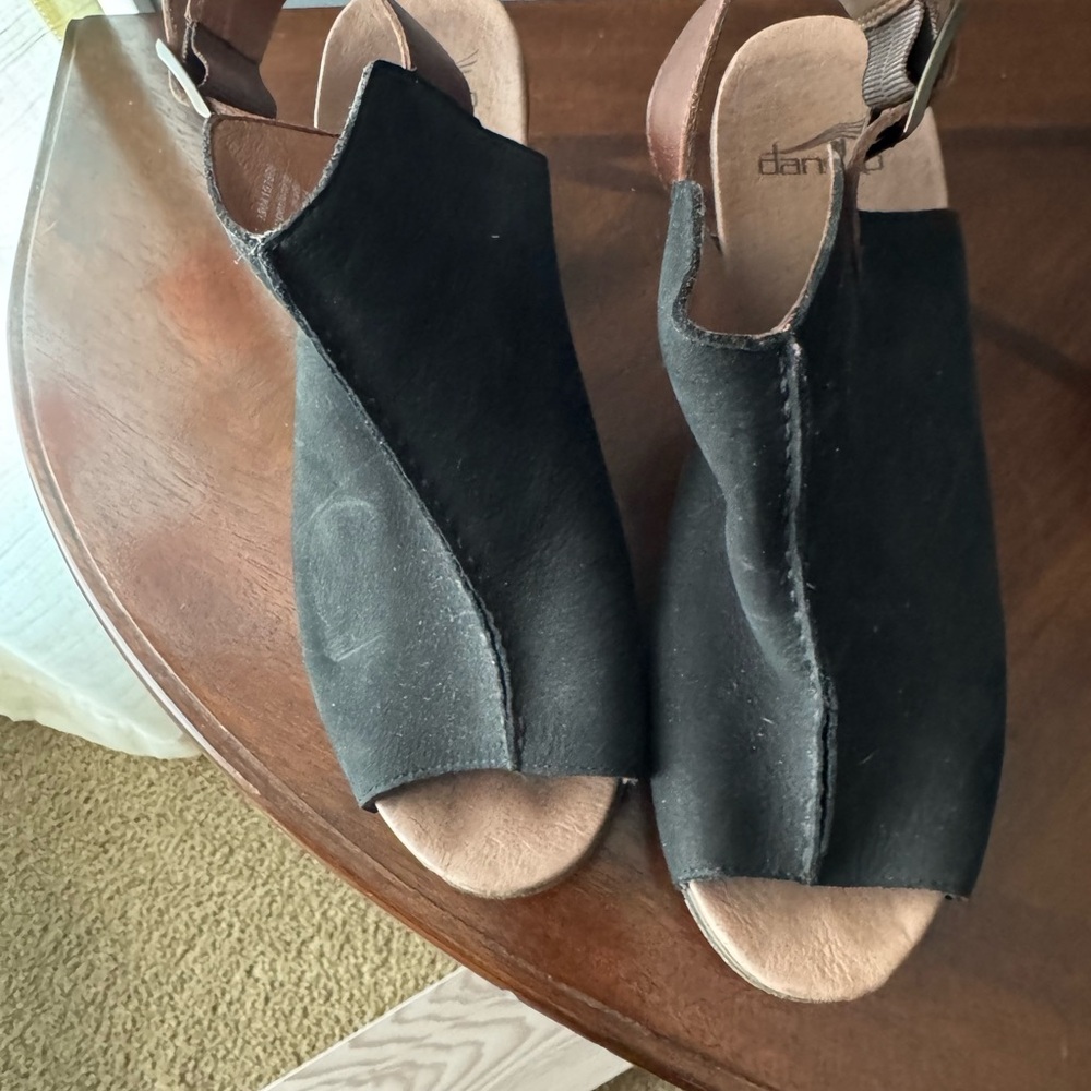 Dansko comfort black leather open toed sling back sandals.  Good walking shoe.